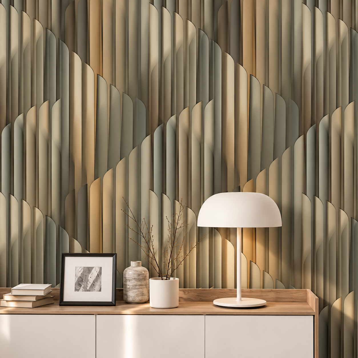 Papel Pintado Diseño Abstracto de Arcos y Ondas en Tonos Beige y Taupe