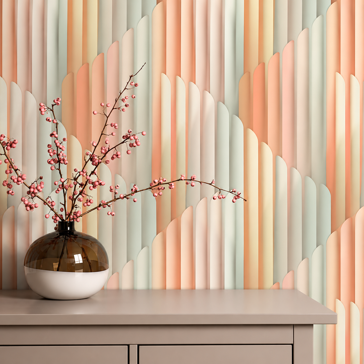 Papel Pintado Formas Orgánicas en Tonos Rosa, Beige y Verde Salvia
