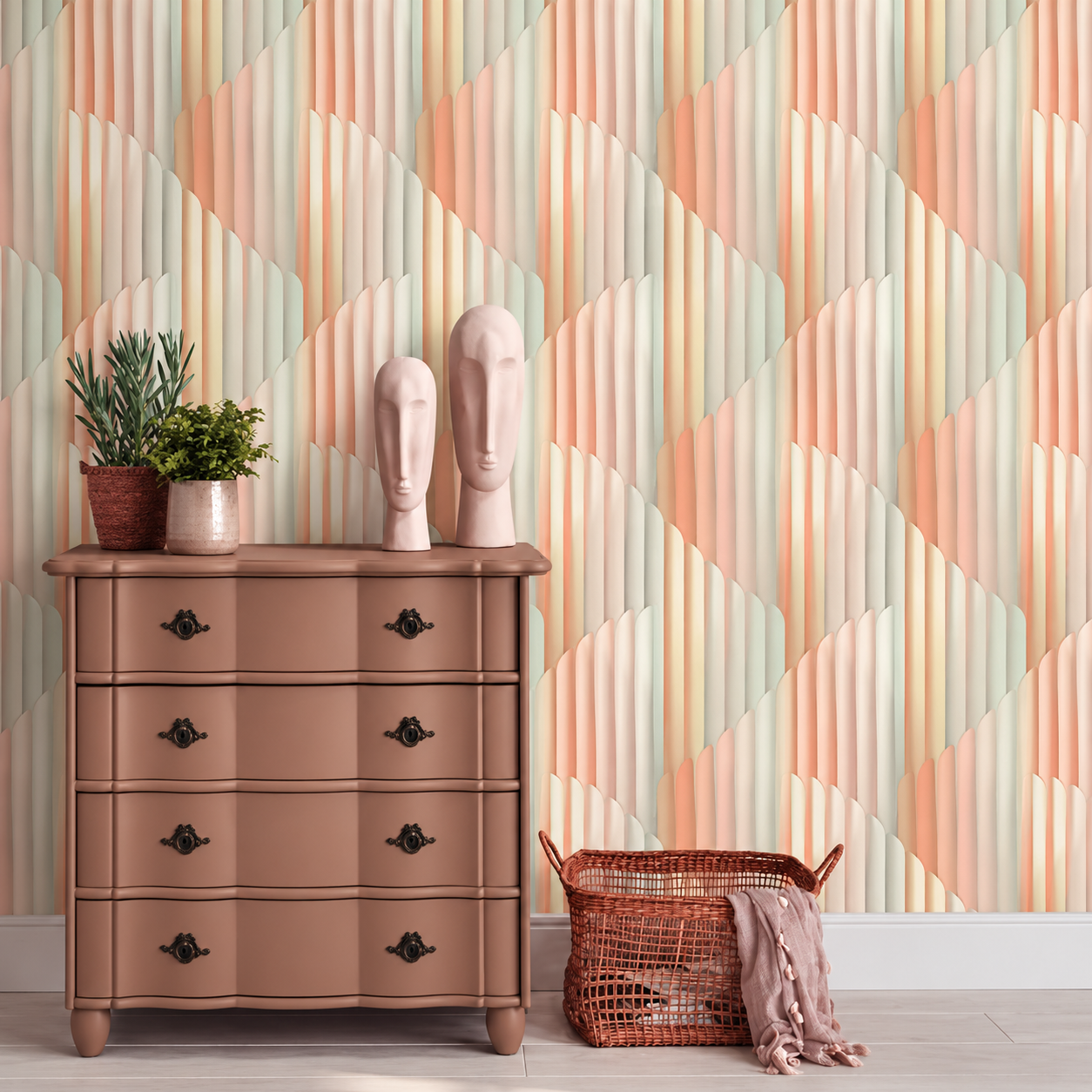 Papel Pintado Formas Orgánicas en Tonos Rosa, Beige y Verde Salvia