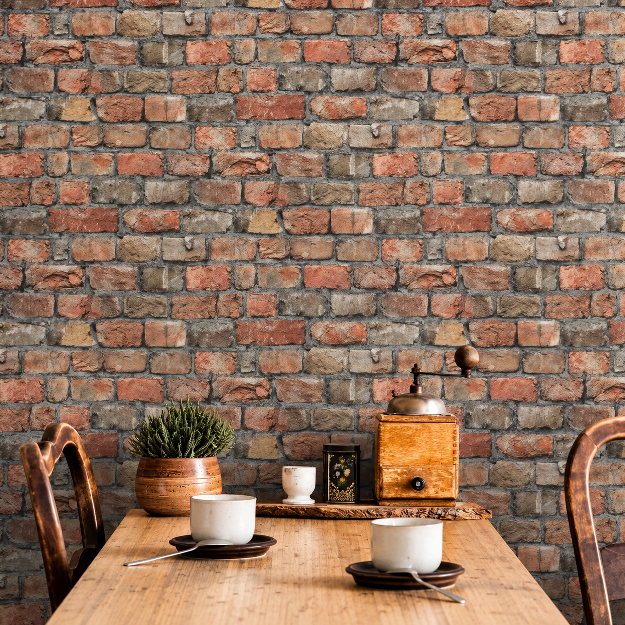 Papel Pintado Ladrillo Visto Vintage en Tonos Rojizos y Gris - vista alternativa