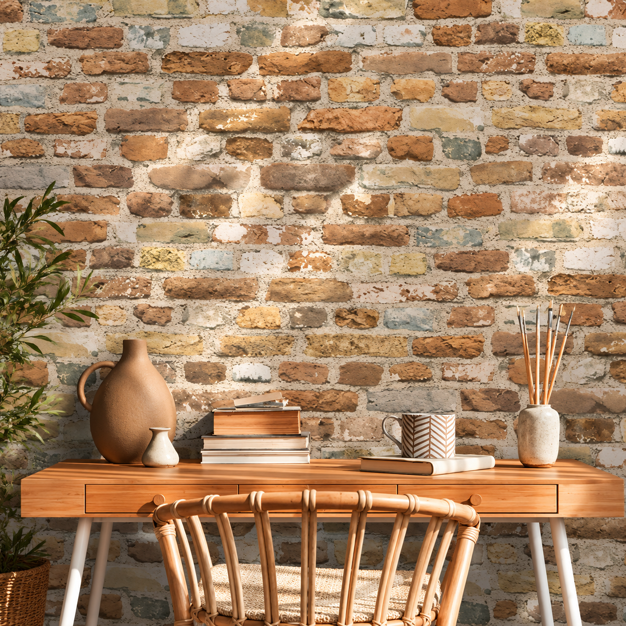 Papel Pintado Ladrillo Rústico Multicolor en Tonos Naturales - vista alternativa
