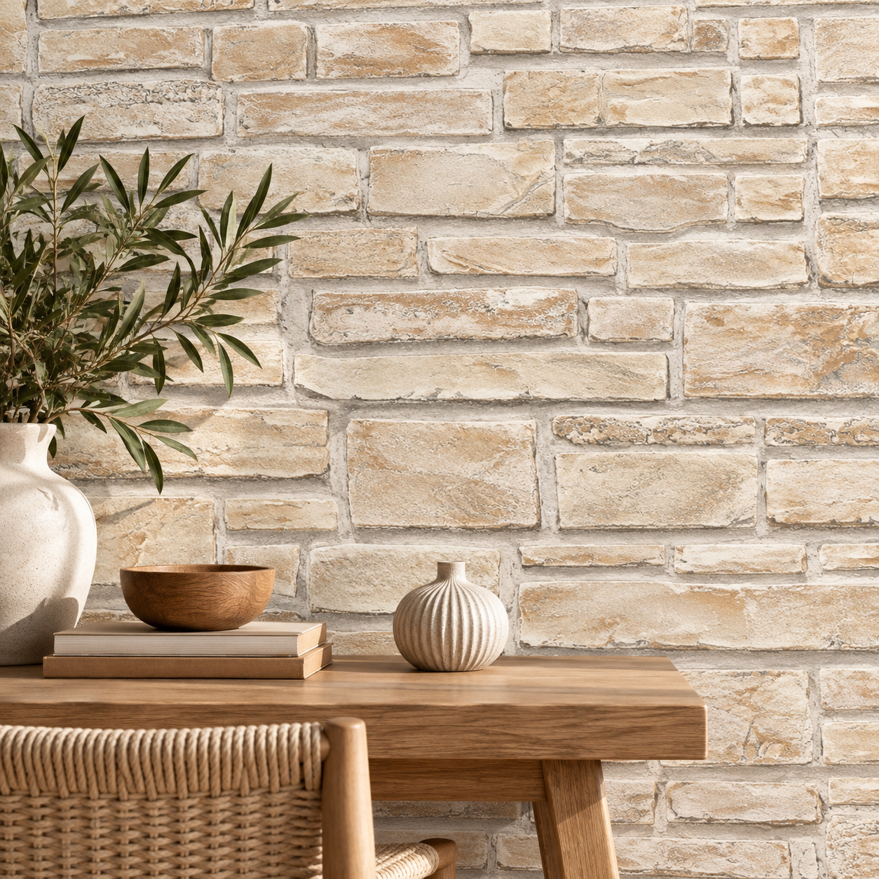 Papel Pintado Ladrillo Piedra Natural en Tonos Beige