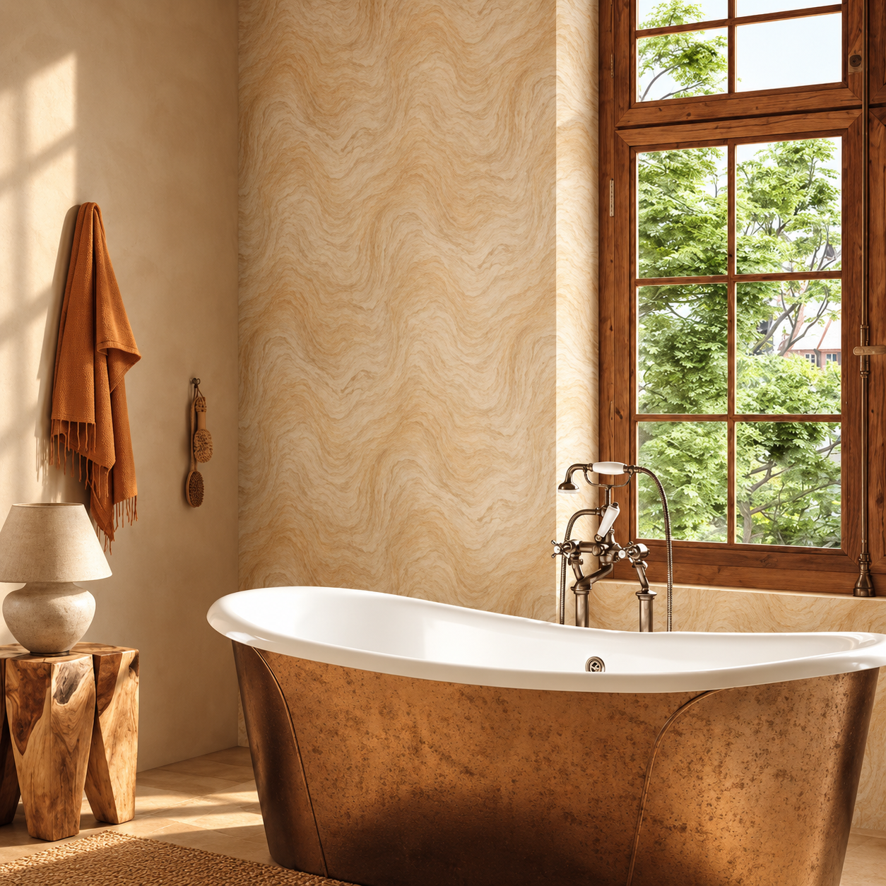 Papel Pintado Efecto Piedra Natural Ondulada en Beige y Crema
