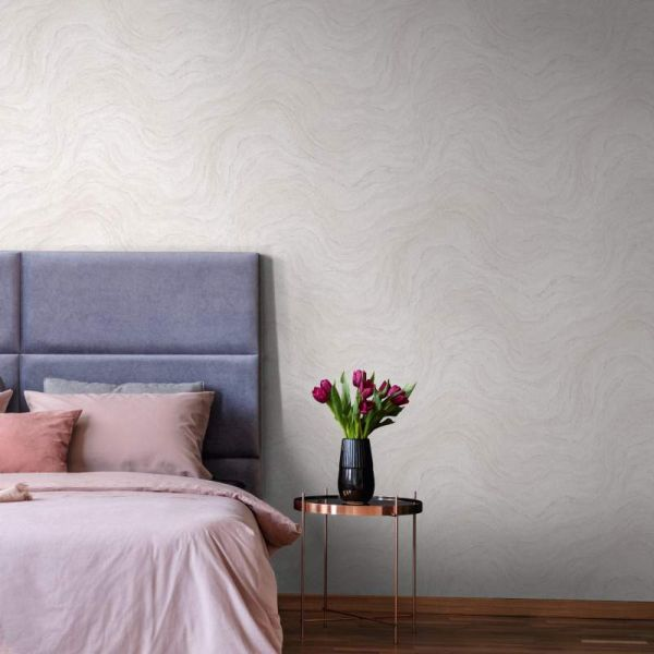 Papel Pintado Efecto Mármol Ondulado en Blanco y Beige