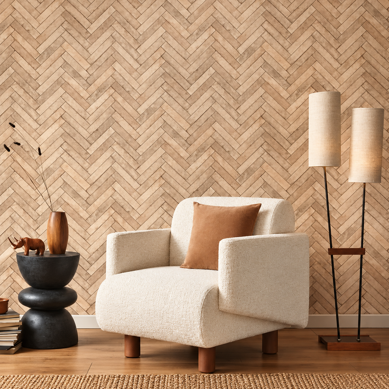 Papel Pintado Efecto Espiga en Piedra Beige y Tonos Naturales