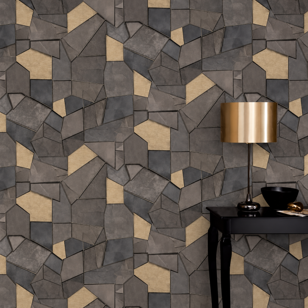 Papel Pintado Mosaico Geométrico en Gris y Beige