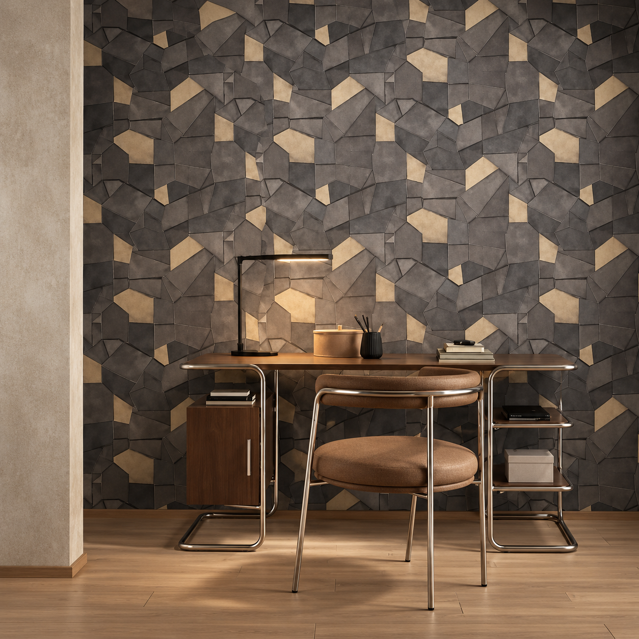 Papel Pintado Mosaico Geométrico en Gris y Beige