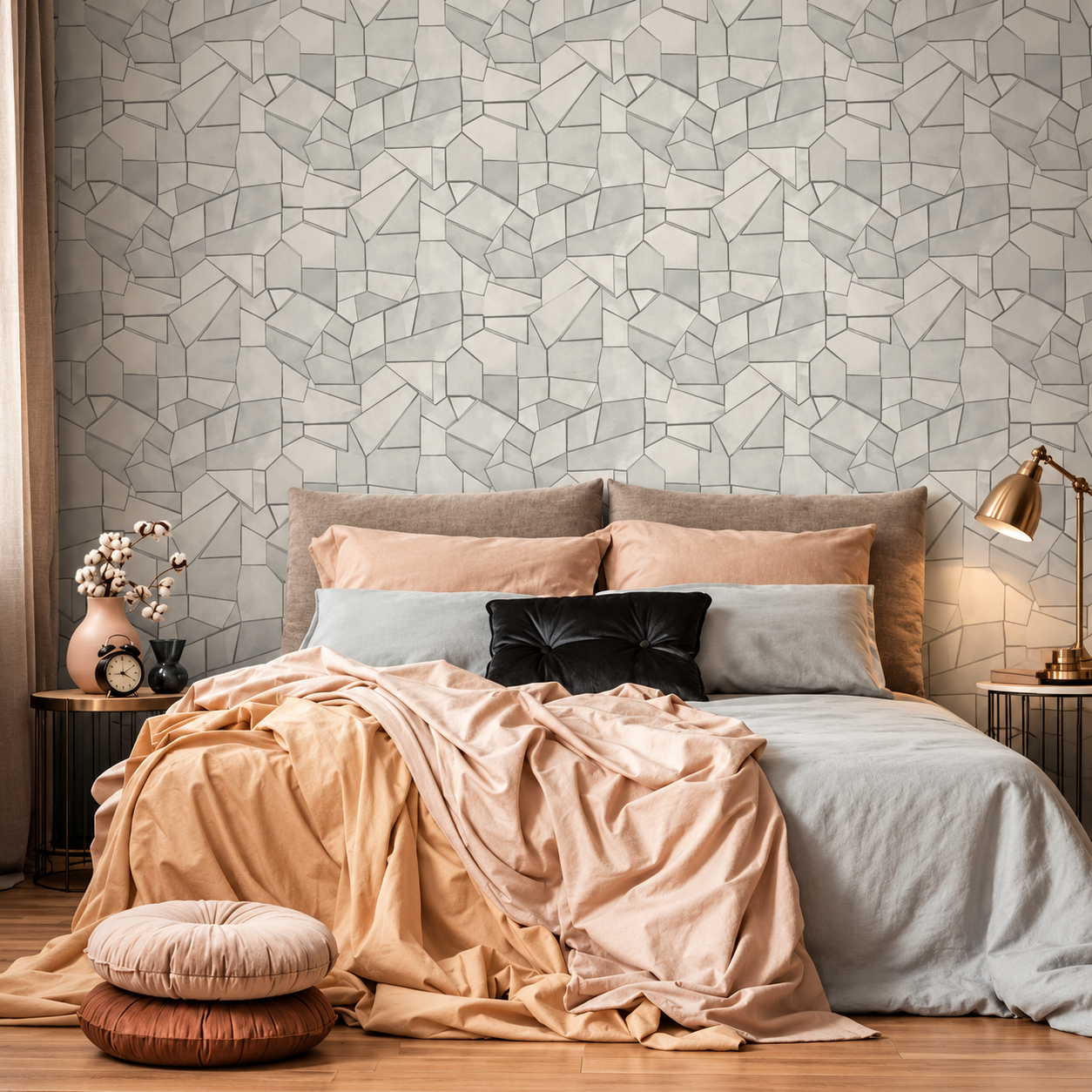 Papel Pintado Mosaico Geométrico en Blanco y Gris