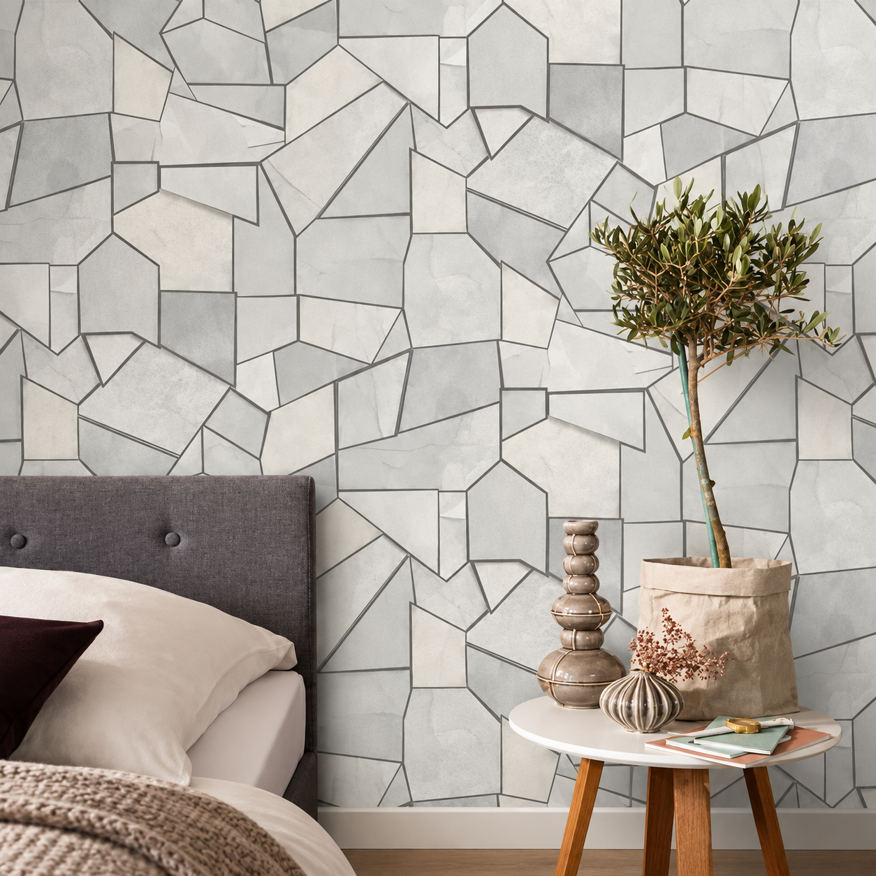 Papel Pintado Mosaico Geométrico en Blanco y Gris