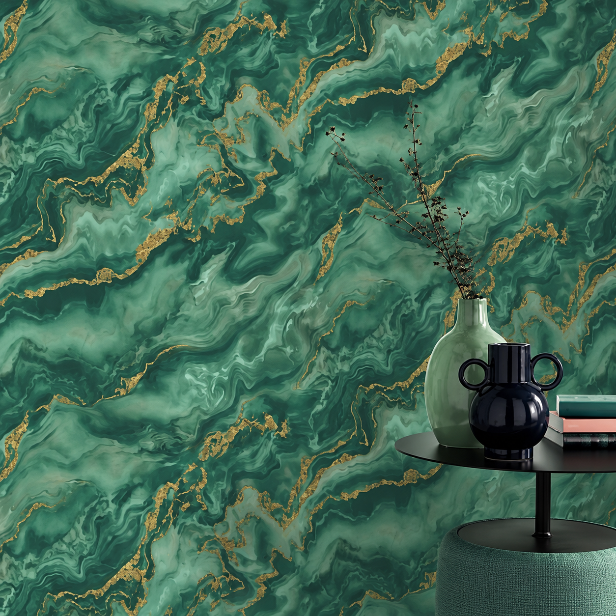 Papel pintado Mármol Verde con Vetas Doradas