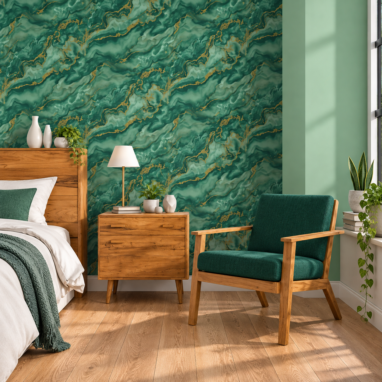 Papel pintado Mármol Verde con Vetas Doradas