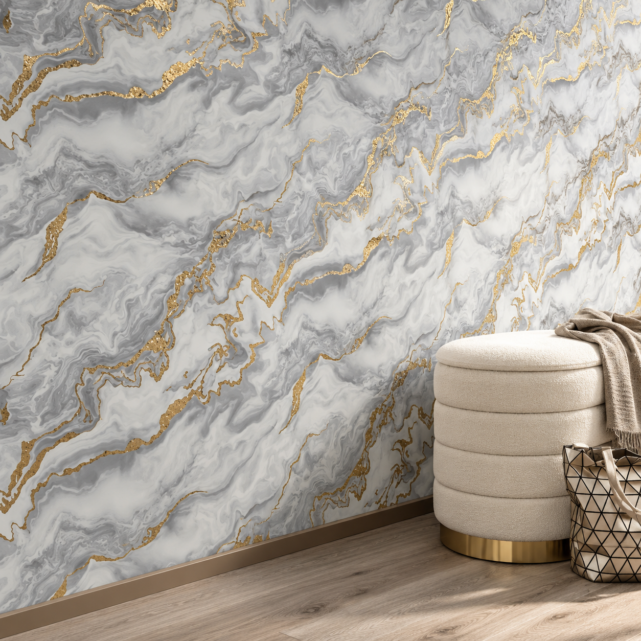 Papel pintado Mármol Blanco y Gris con Vetas Doradas