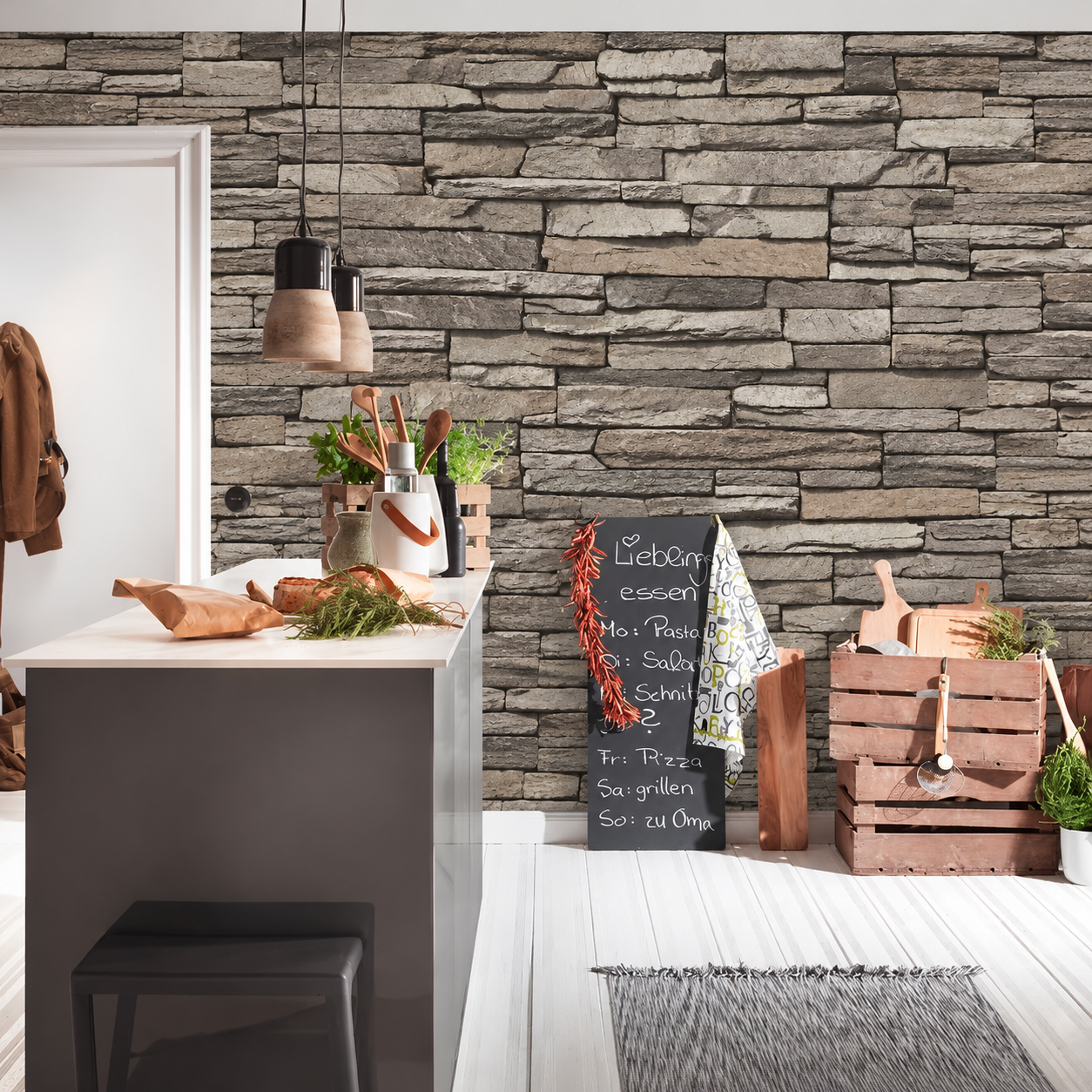 Papel pintado efecto piedra gris