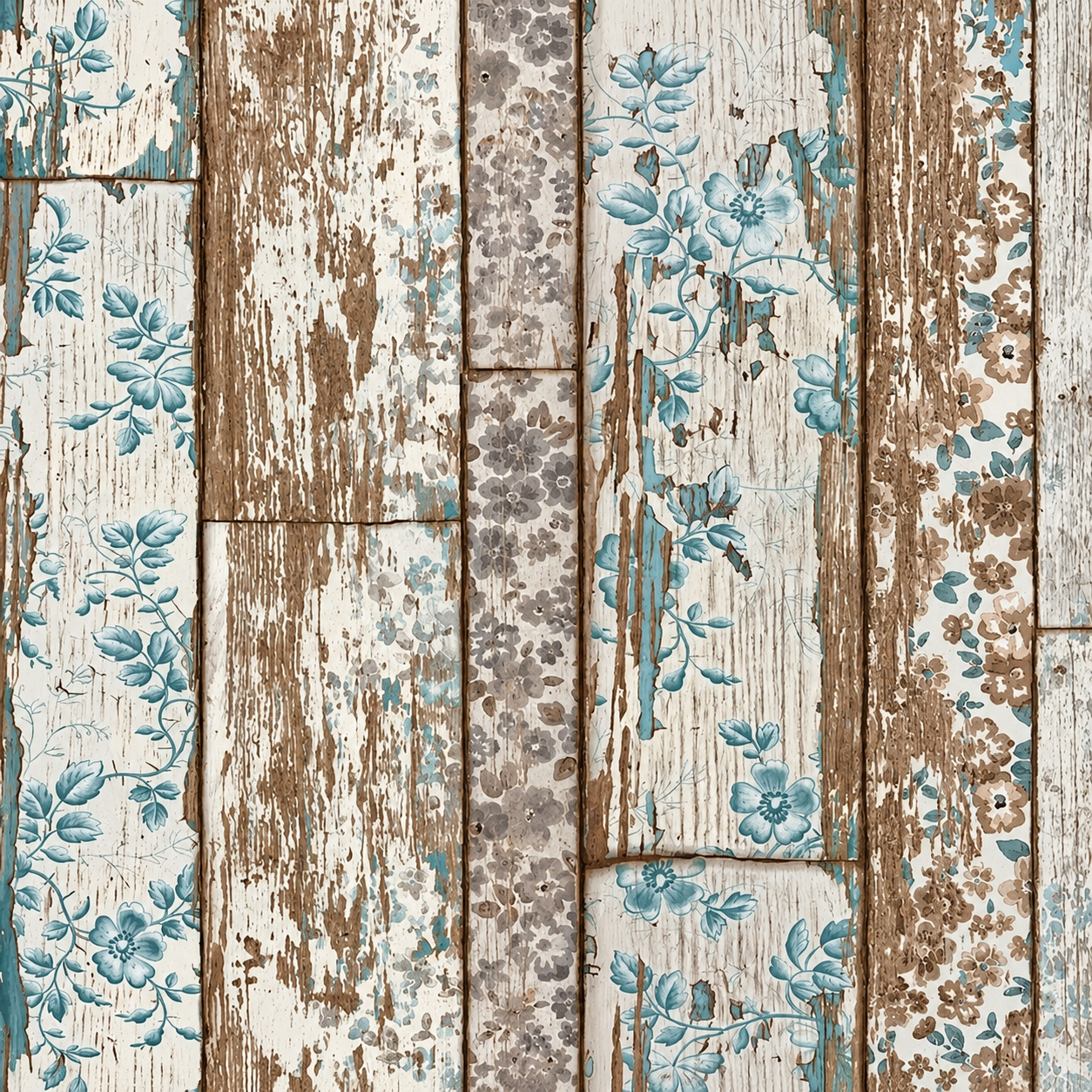 Papel Pintado Madera Envejecida con Motivos Florales Vintage