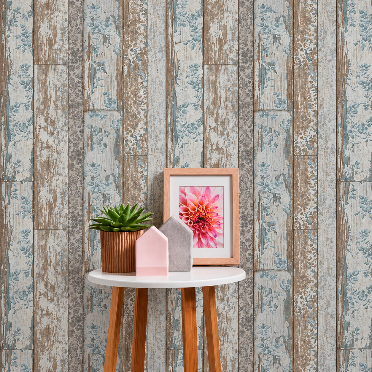 Papel Pintado Madera Envejecida con Motivos Florales Vintage