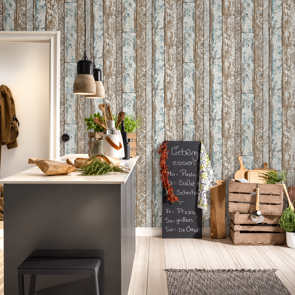 Papel Pintado Madera Envejecida con Motivos Florales Vintage - vista alternativa